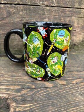 Rick and Morty 20 oz Black Ceramic Mug with Green Portal Design